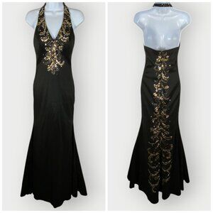 Vtg Y2K Jump Formal Trumpet Dress | 3/4 | Black | Sequin Bead | Prom HOCO Gala